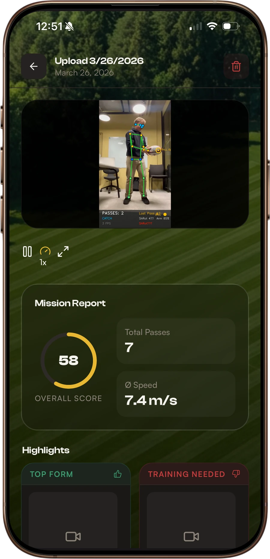 ATHLAITE app analysis screen with score, feedback and drills