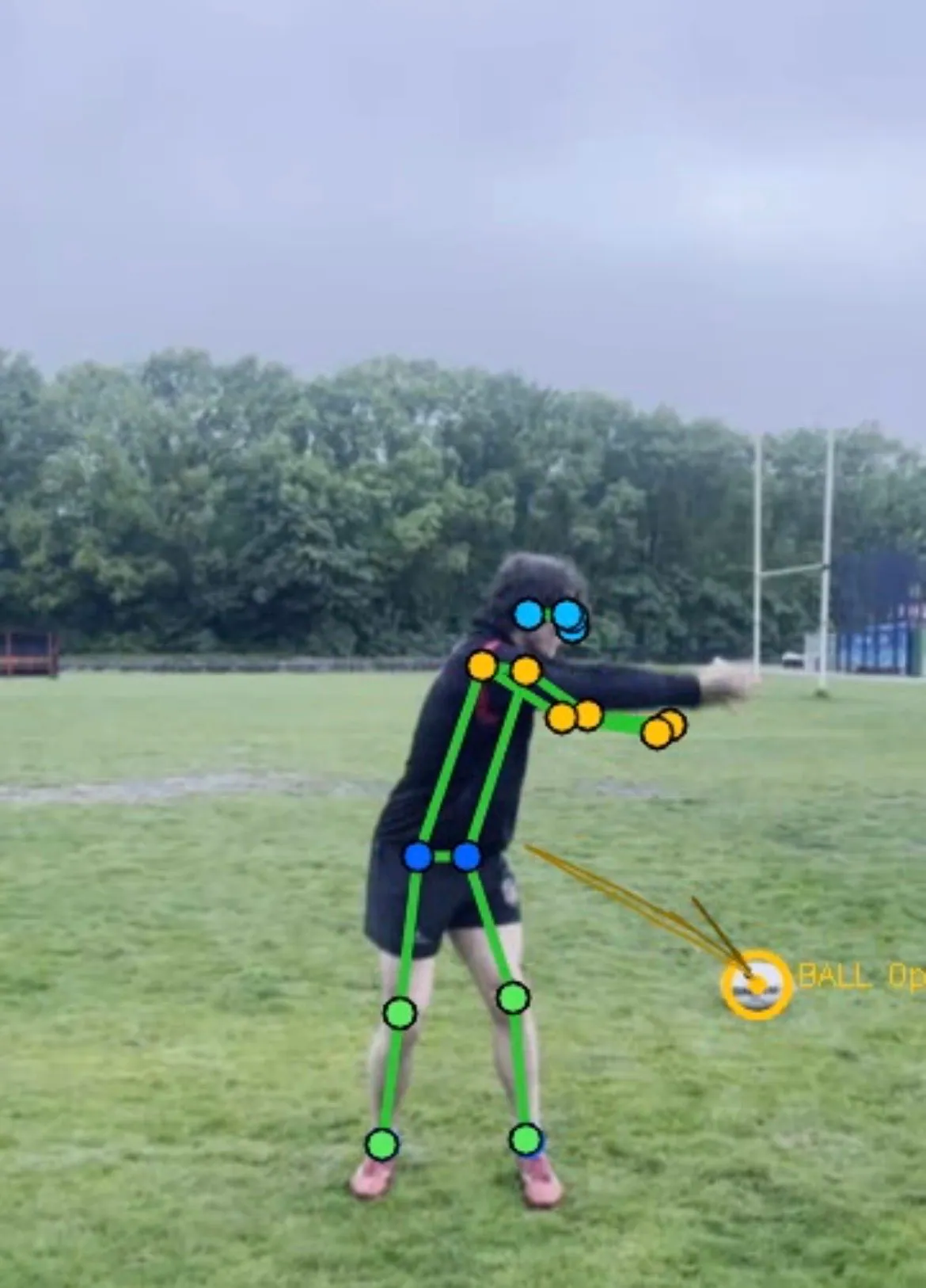 AI pose analysis overlay on a rugby pass